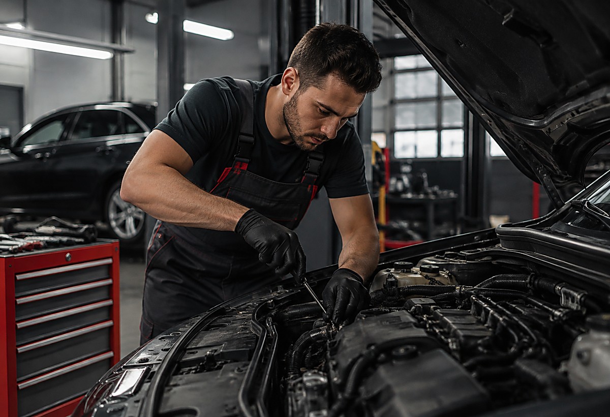 Mechanik pracujący przy otwartej komorze silnika